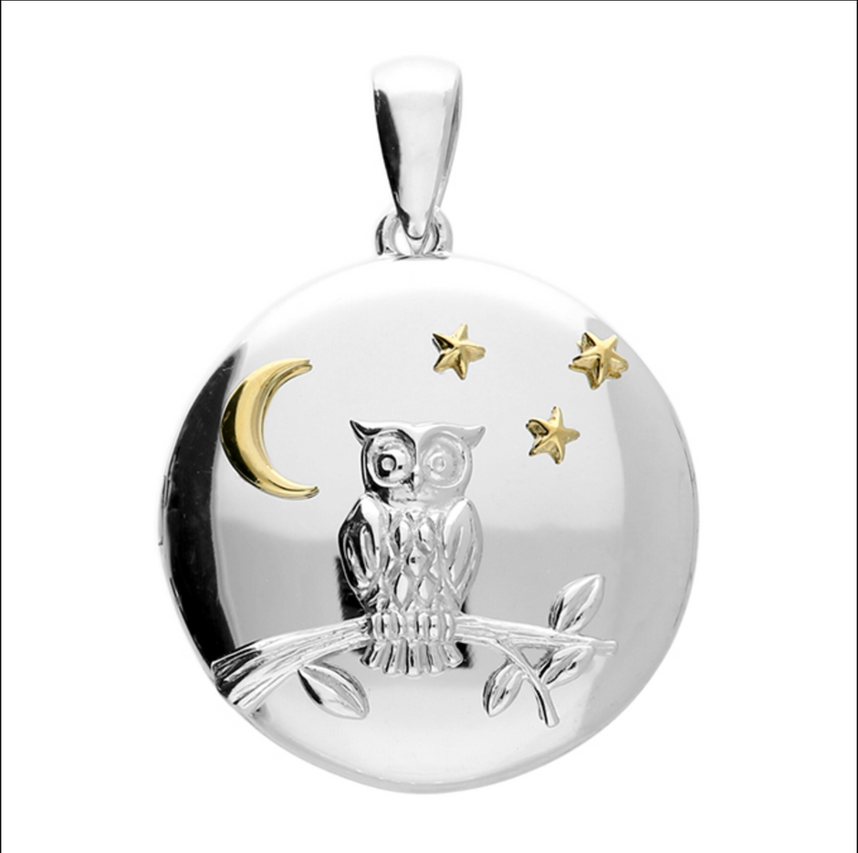 Owl-on-branch Sterling Silver Round Locket