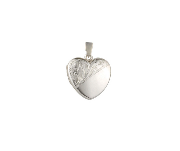 Diagonal Leaf Scroll Sterling Silver Heart Locket
