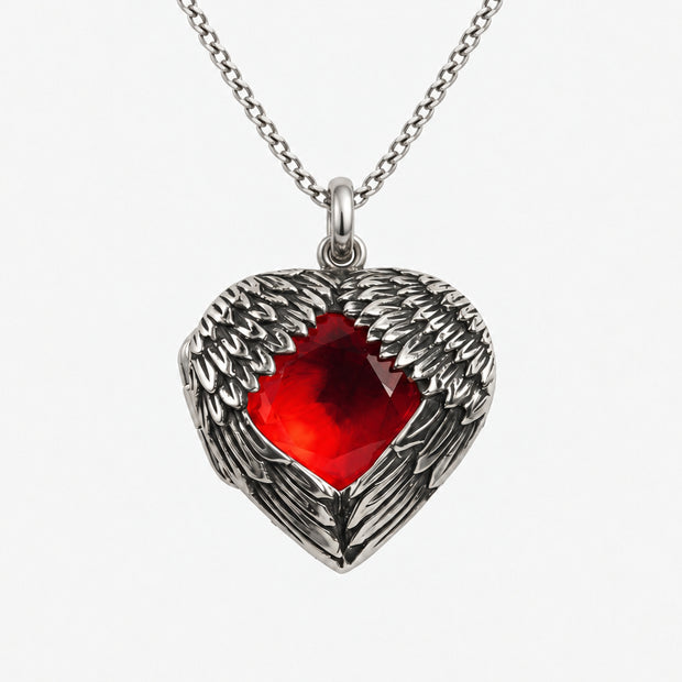Angel Wings Sterling Silver Red Stone Heart Locket