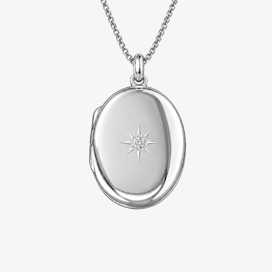 Bevelled Starburst 26mm Sterling Silver Oval Locket