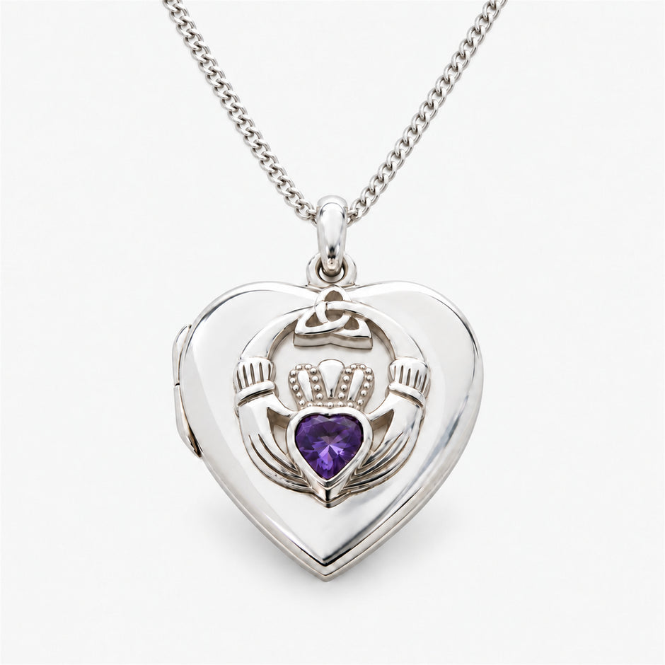Claddagh Amethyst Sterling Silver Heart Locket