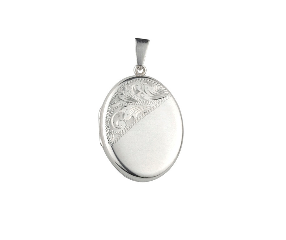40mm Diagonal Leaf Scroll Sterling Silver Oval Locket