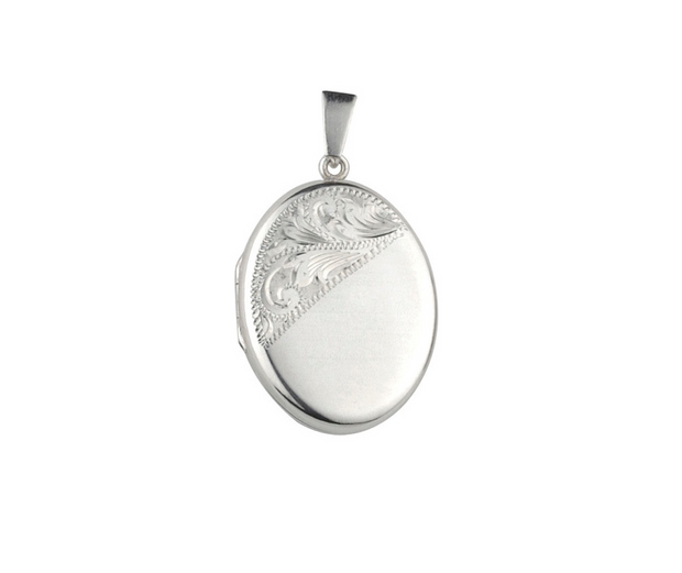 40mm Diagonal Leaf Scroll Sterling Silver Oval Locket