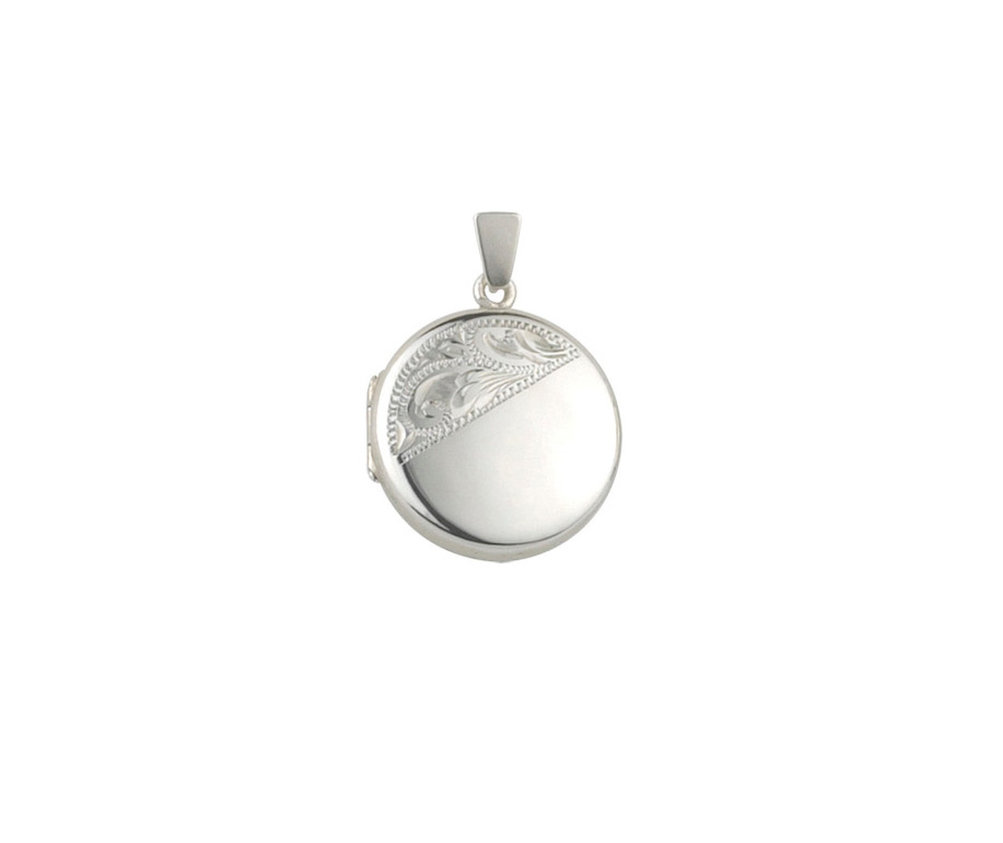 Diagonal Leaf Scroll Sterling Silver Round Locket