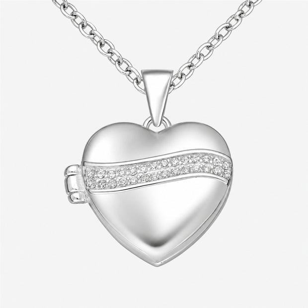 Double Crystal Ribbon Sterling Silver Heart Locket