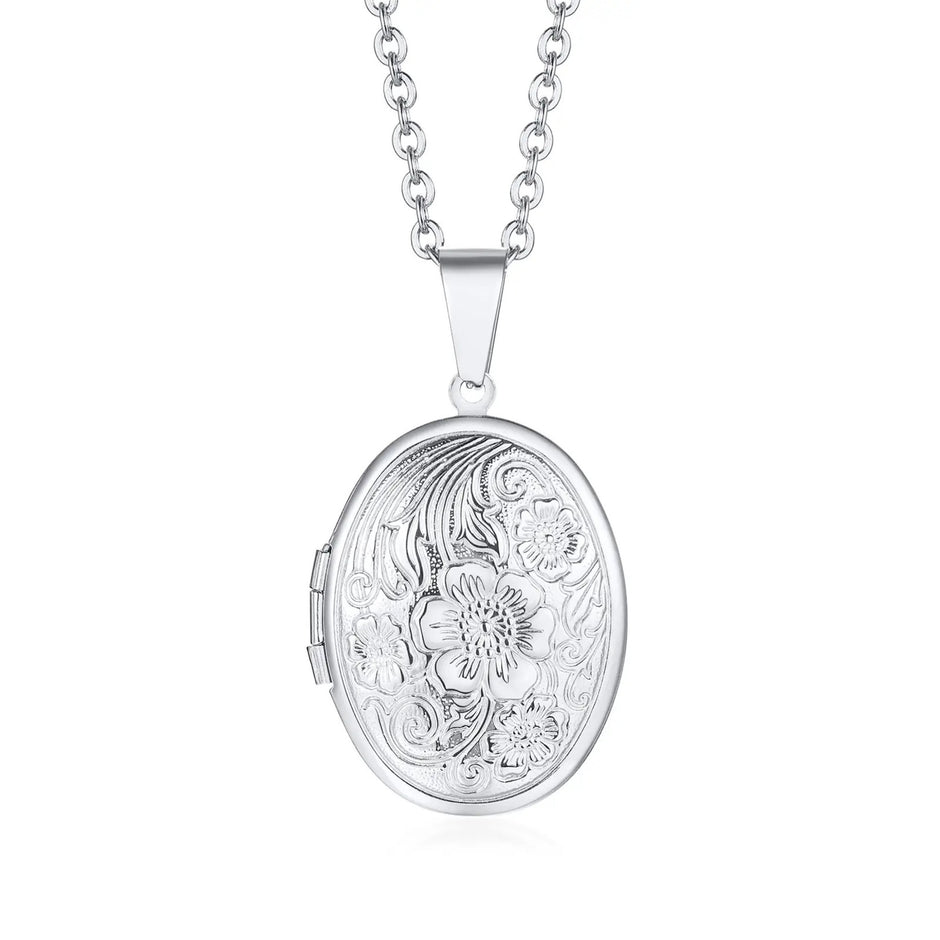Silver Oval Vintage Flower Locket