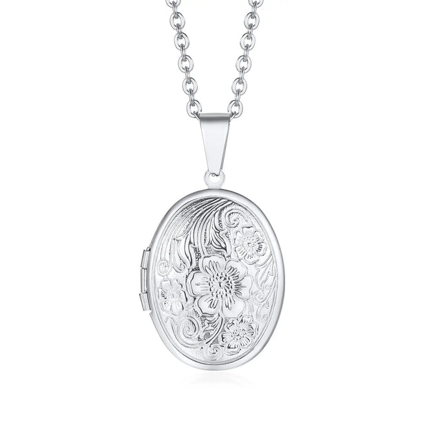 Silver Oval Vintage Flower Locket