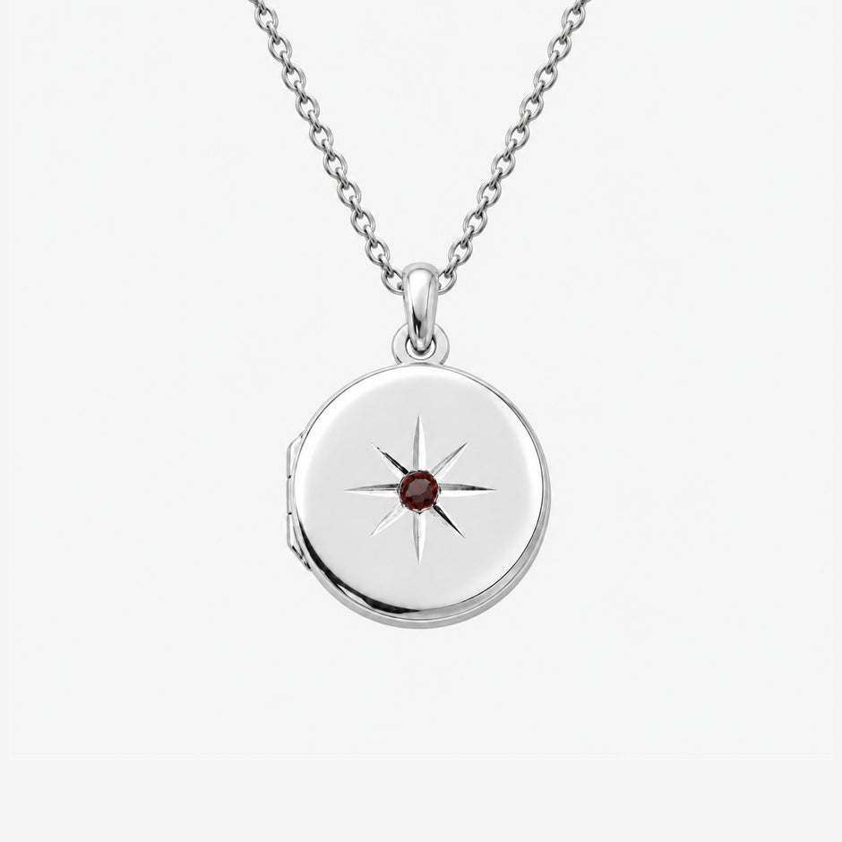 January Garnet-Red Birthstone Sterling Silver Round Locket