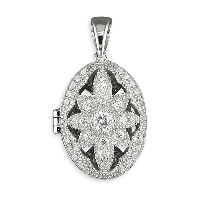 Cubic Zirconia Vintage Flower Oval Sterling Silver Locket