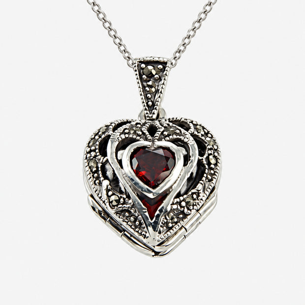 Red Stone Marcasite Sterling Silver Heart Locket