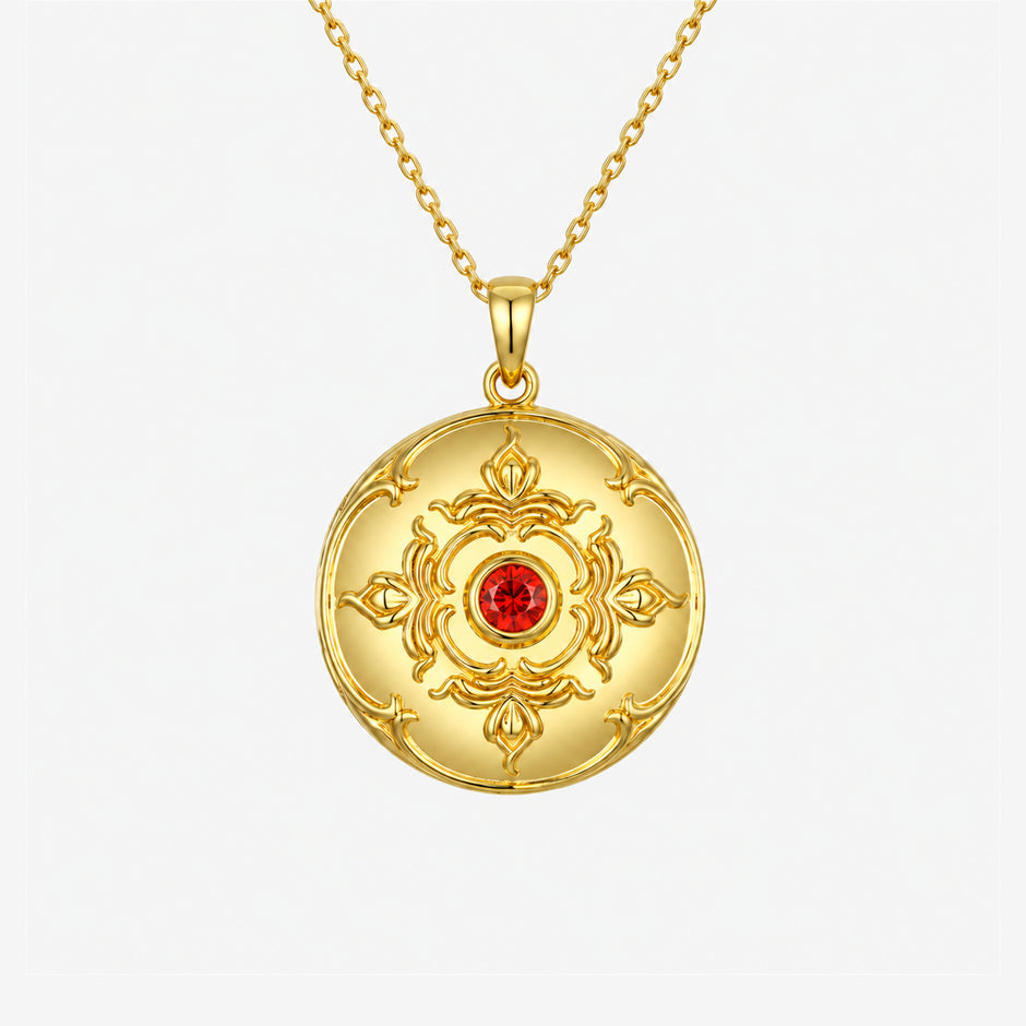 Red Stone Ornate Gold-Plated Round Locket