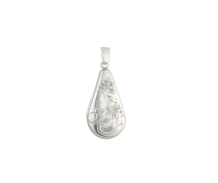 Classic Floral Engraved Silver Teardrop Locket