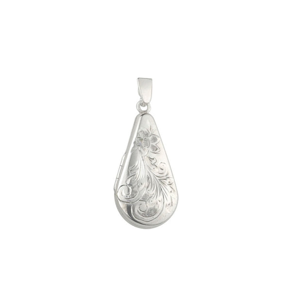 Classic Floral Engraved Silver Teardrop Locket